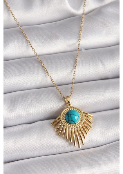 Bfs 316L Çelik Gold Renk Zincir Mavi Boncuk Güneş Model Kadın Kolye