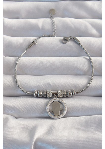 Bfs 316L Çelik Gümüş Renk Zirkon Taş Aksesuarlı Fatma Ana Eli Bileklik