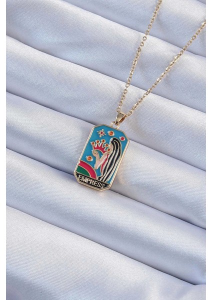 Bfs 316L Çelik Zincir Altın Renk Taç ve Kız Figürlü Renkli Mineli Tarot Kolye