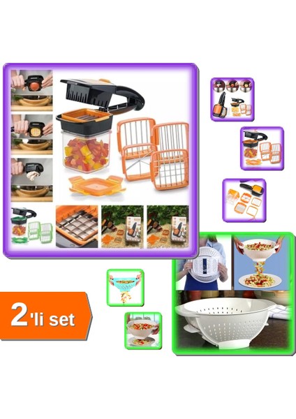 5 In 1 Pratik Hazneli Sebze Meyve Doğrayıcı + Makarna Süzgeci - Akıllı Makarna Süzgeci - 2li Set Q7U