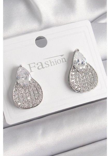 Bfs Pirinç Gümüş Renk Zirkon Taşlı Damla Model Kadın Küpe