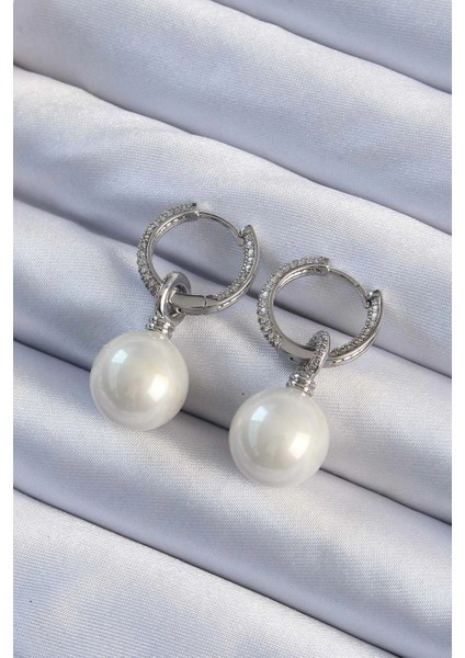 Bfs Pirinç Gümüş Renk Zirkon Taş Kaplama Inci Tasarımlı Kadın Küpe