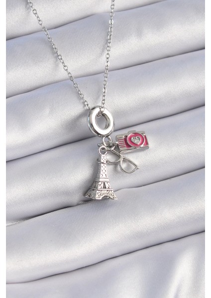 Bfs 316L Çelik Gümüş Renk Eyfel Kule Fotoğraf Makinesi Model Charm Kadın Kolye