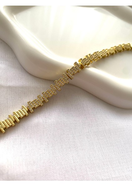 Alpjewel 316L Vıp Xuping Taşlı Dikdörtgen Formlu Altın Kaplama Bileklik Kararmaz