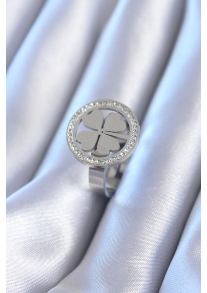 Bfs 316L Çelik Gümüş Renk Zirkon Taşlı Yonca Model Kadın Yüzük