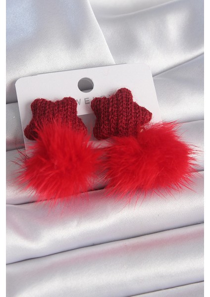 Bfs Kırmızı Renk Tüylü Yıldız Ponpon Model Kadın Küpe