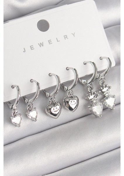 Bfs Pirinç Gümüş Renk Sallantı Zirkon Taşlı Kalp Model Taç Detay Kadın Küpe Seti