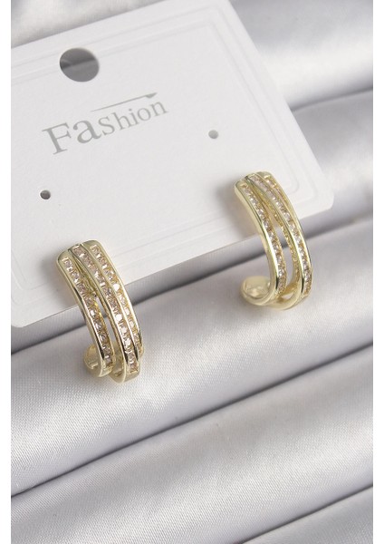 Bfs Pirinç Gold Renk Zirkon Taşlı Yarım Halka Model Kadın Küpe