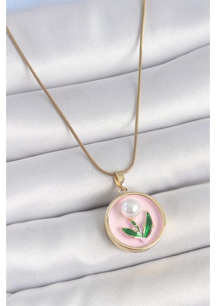 Bfs 316L Çelik Gold Renk Zincir Pembe Mineli Incili Çiçek Işlemeli Portre Model Kadın Kolye