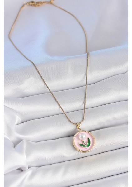Bfs 316L Çelik Gold Renk Zincir Pembe Mineli Incili Çiçek Işlemeli Portre Model Kadın Kolye fiyatları