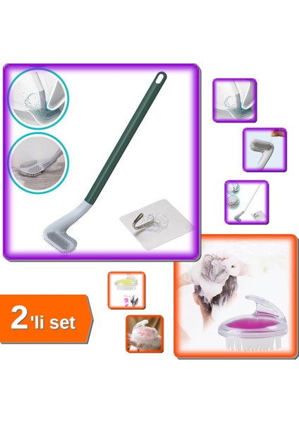 Golf Sopası Tasarımlı Silikon Wc Klozet Fırçası + Şampuan Hazneli Silikon Duş Fırçası - 2li Set E6W8