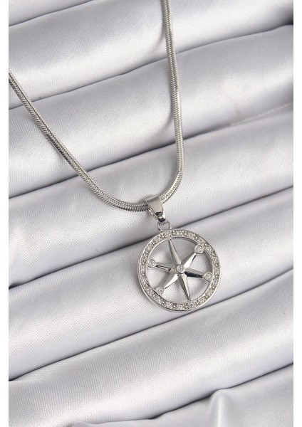 Bfs 316L Çelik Gümüş Renk Italyan Zincir Zirkon Taşlı Kutup Yıldız Model Kadın Kolye