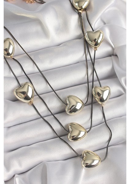 Bfs Pirinç Füme Renk Zincir 3D Gold Renk Kalp Model Kadın Kolye