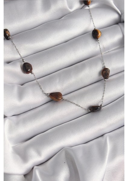 Bfs 316L Çelik Gümüş Renk Zincir Kahverengi Doğaltaş Model Kadın Kolye