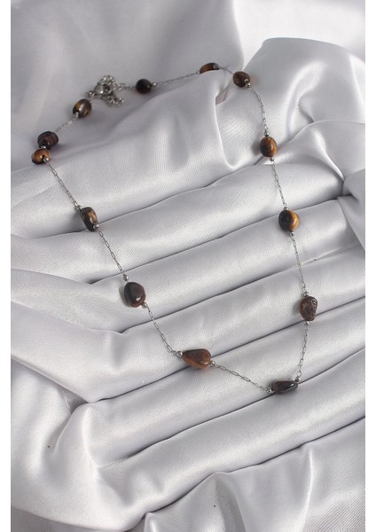 Bfs 316L Çelik Gümüş Renk Zincir Kahverengi Doğaltaş Model Kadın Kolye fiyatları