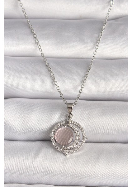 Bfs 316L Çelik Gümüş Renk Zirkon Taşlı Pembe Sedefli Hilal Model Kadın Kolye