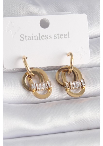 Bfs 316L Çelik Gold Renk Zirkon Taşlı Halka Model Kadın Küpe