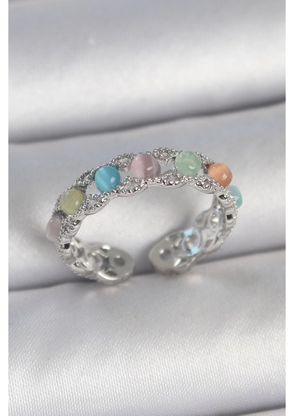 Bfs Pirinç Gümüş Renk Renkli Mineli Ayarlanabilir Kadın Yüzük