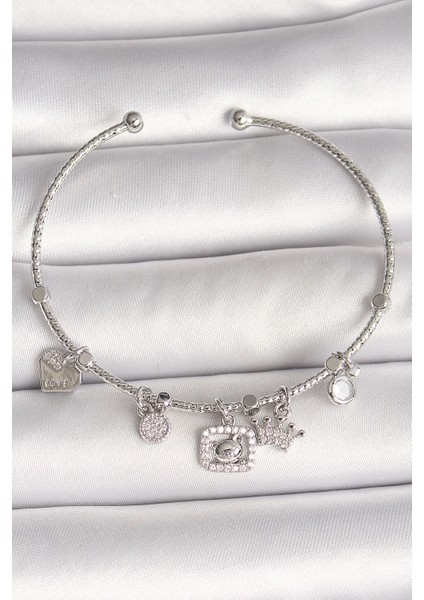 Bfs Pirinç Gümüş Renk Sallantı Zirkon Taşlı Ayıcık Figür Taç Detay Charm Kadın Bileklik