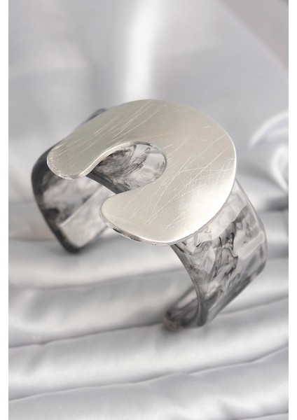 Bfs Siyah Mermer Desen Akrilik Plaka Vintage Kadın Bilezik