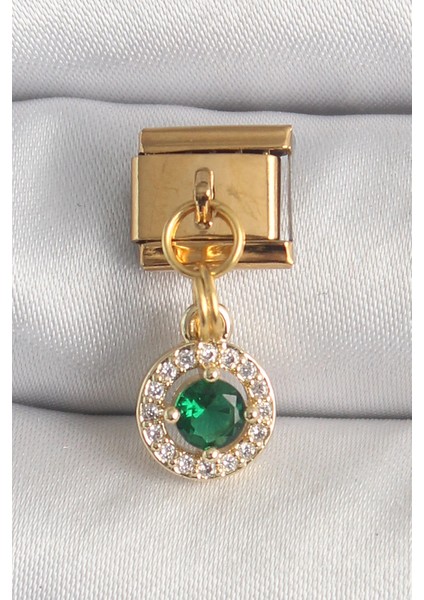 Bfs 316L Çelik Gold Renk Sallantı Yeşil Zirkon Taşlı Nomination Charm