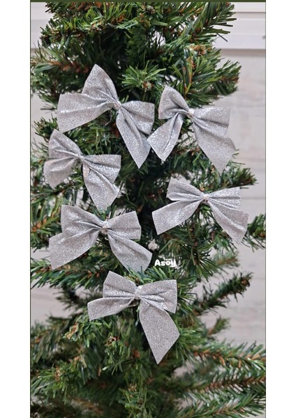 Yılbaşı Ağacı Gümüş Simli Fiyonk Süs Simli Parlak 6 Adet Yılbaşı Süsü 6 cm