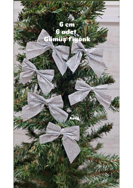 Yılbaşı Ağacı Gümüş Simli Fiyonk Süs Simli Parlak 6 Adet Yılbaşı Süsü 6 cm fiyatları