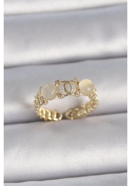 Bfs Pirinç Gold Renk Ayarlanabilir Zirkon Taşlı Beyaz Mineli Birleşik Halka Model Kadın Yüzük