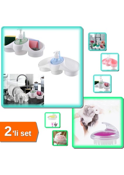 Sünger Hazneli Sıvı Sabunluk Deterjanlık + Ince Uçlu Şampuan Hazneli Duş Fırçası - 2li Set F9D8X9
