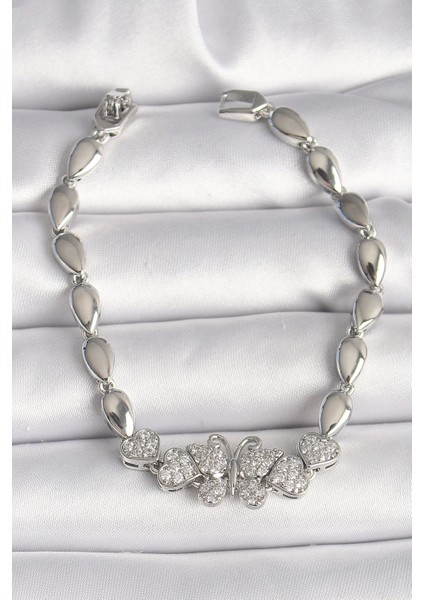 Bfs Pirinç Gümüş Renk Zirkon Taşlı Kelebek Figür Damla Zincir Model Kadın Bileklik