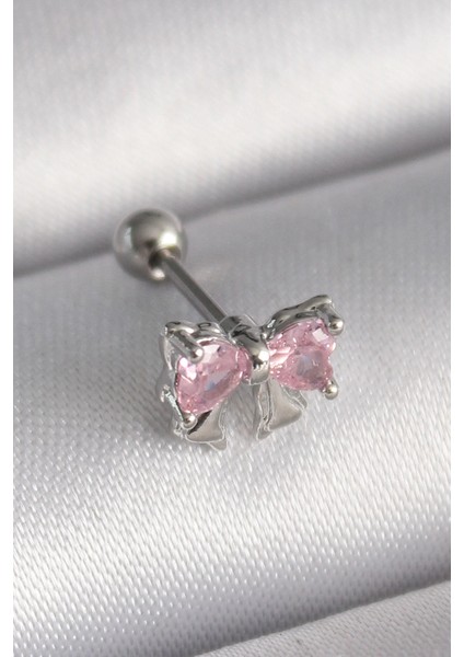 Bfs 316L Çelik Gümüş Renk Pembe Zirkon Taşlı Fiyonk Tragus Piercing