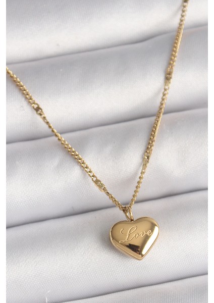 Bfs 316L Çelik Gold Renk Zincir Love Işlemeli Kalp Figür Kadın Kolye