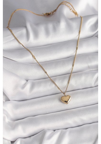 Bfs 316L Çelik Gold Renk Zincir Love Işlemeli Kalp Figür Kadın Kolye fiyatları