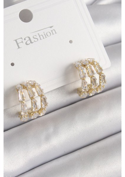 Bfs Pirinç Gold Renk Zirkon Taşlı Halka Model Kadın Küpe