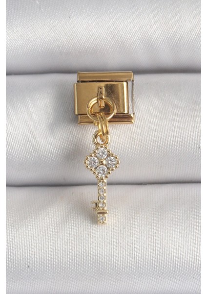 Bfs 316L Çelik Gold Renk Sallantı Zirkon Taşlı Anahtar Model Nomination Charm