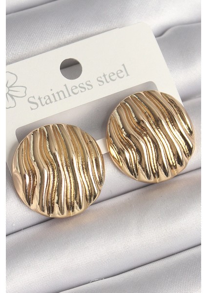 Bfs Pirinç Gold Renk Işlemeli Daire Plaka Model Kadın Küpe