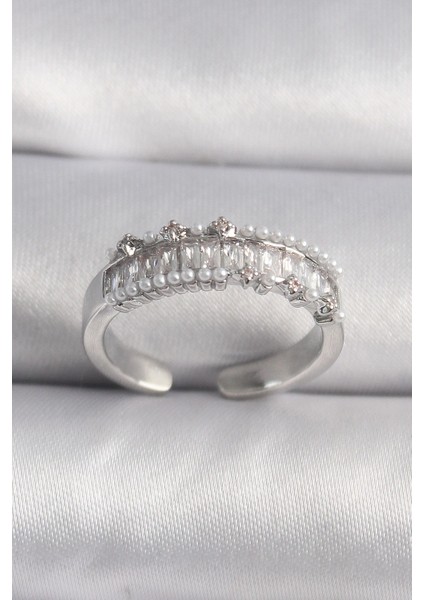 Bfs Pirinç Gümüş Renk Zirkon Taşlı Inci Detay Vıp Seri Kadın Yüzük