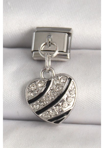 Bfs 316L Çelik Gümüş Renk Zirkon Taşlı Kalp Model Nomination Charm