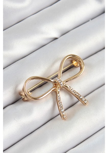 Bfs Zirkon Taş Detaylı 3D Fiyonk Figürlü Gold Renk Kadın Broş