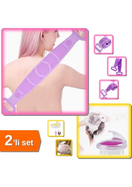 Çift Taraflı Silikon Sırt Duş Kesesi 70 cm + Ince Uçlu Şampuan Hazneli Silikon Fırça - 2li Set D5P7K