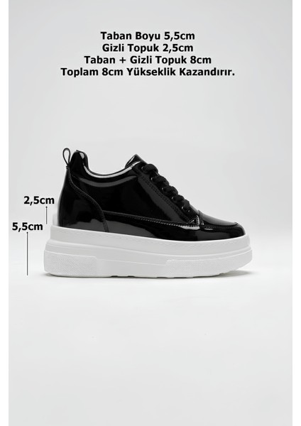 Alexis Premium 8 cm Gizli Topuk Rugan Siyah Beyaz Kadın Spor Ayakkabı