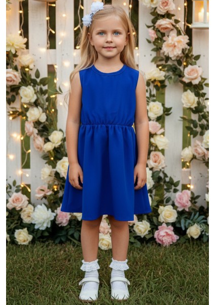 0023 - Kız Çocuk Double Kumaş Saks Mavi Elbise