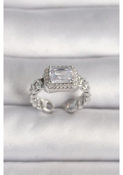 Bfs Pirinç Gümüş Renk Ayarlanabilir Zincir Kare Zirkon Taşlı Kadın Yüzük