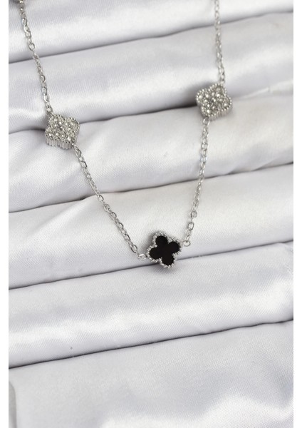 Bfs 316L Çelik Zincir Gümüş Renk Siyah ve Zirkon Taşlı Baby Boy Yonca Kadın Kolye