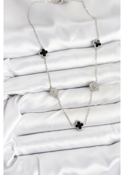 Bfs 316L Çelik Zincir Gümüş Renk Siyah ve Zirkon Taşlı Baby Boy Yonca Kadın Kolye fiyatları