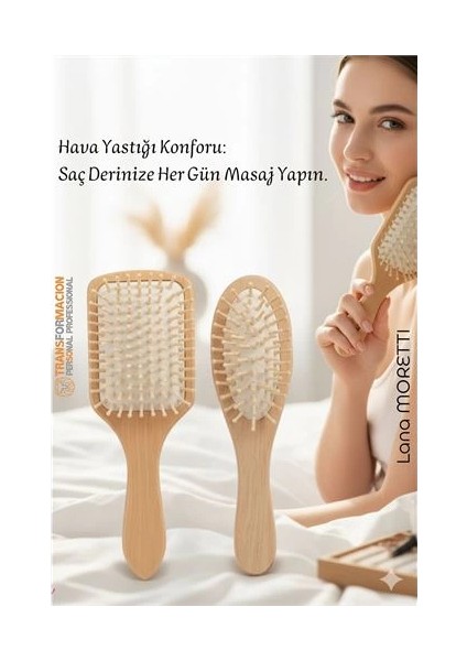 Bfs Doğal Ahşap Antistatik Hava Yastıklı Saç Fırçası (2 Boy: 23X8 & 22X6 Cm) -