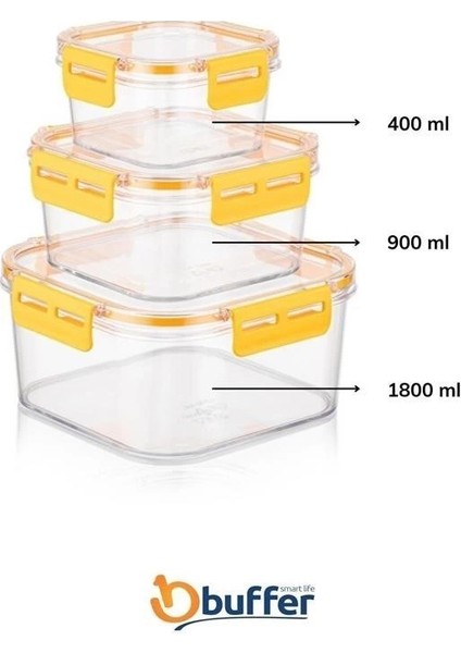 3'lü Pratik Silikon Contalı Sızdırmaz Kapaklı Sağlam Istiflenebilir Saklama Kapları