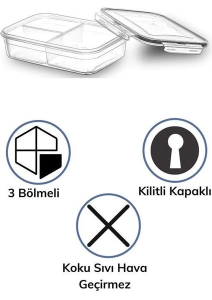 3 Bölmeli Kilitli Kapaklı 1 Litre Erzak Saklama Kabı LC-510
