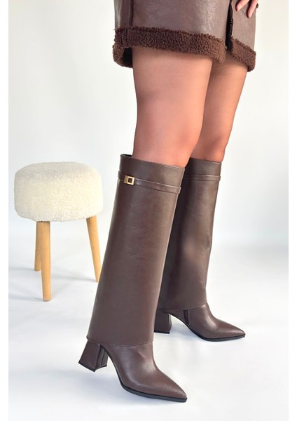 Jike Tak Çıkar Sivri Burun Topuklu Çizme Kahverengi