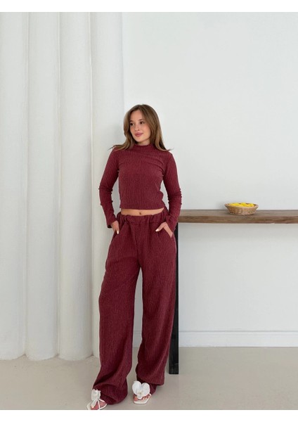 Balıkçı Yaka Örme Alt Üst Takım Bordo modelleri